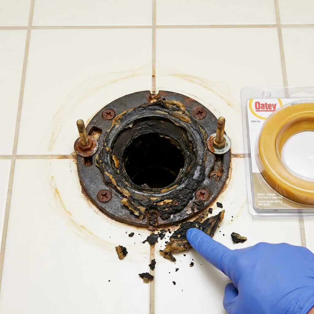 Failed wax ring showing water seepage at the base of a toilet in a Cleveland, OK home