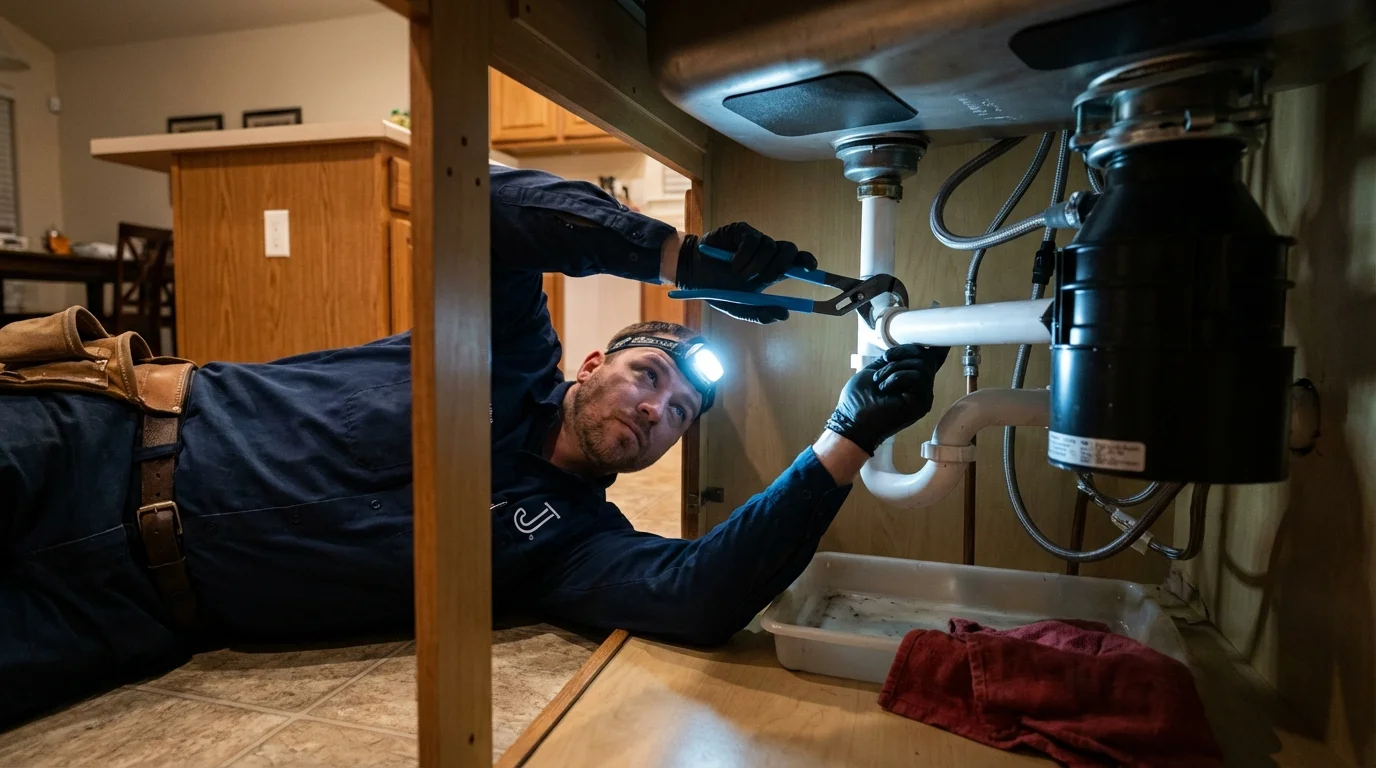 P-trap and supply line connections under a kitchen sink showing a common leak point in Cleveland, OK
